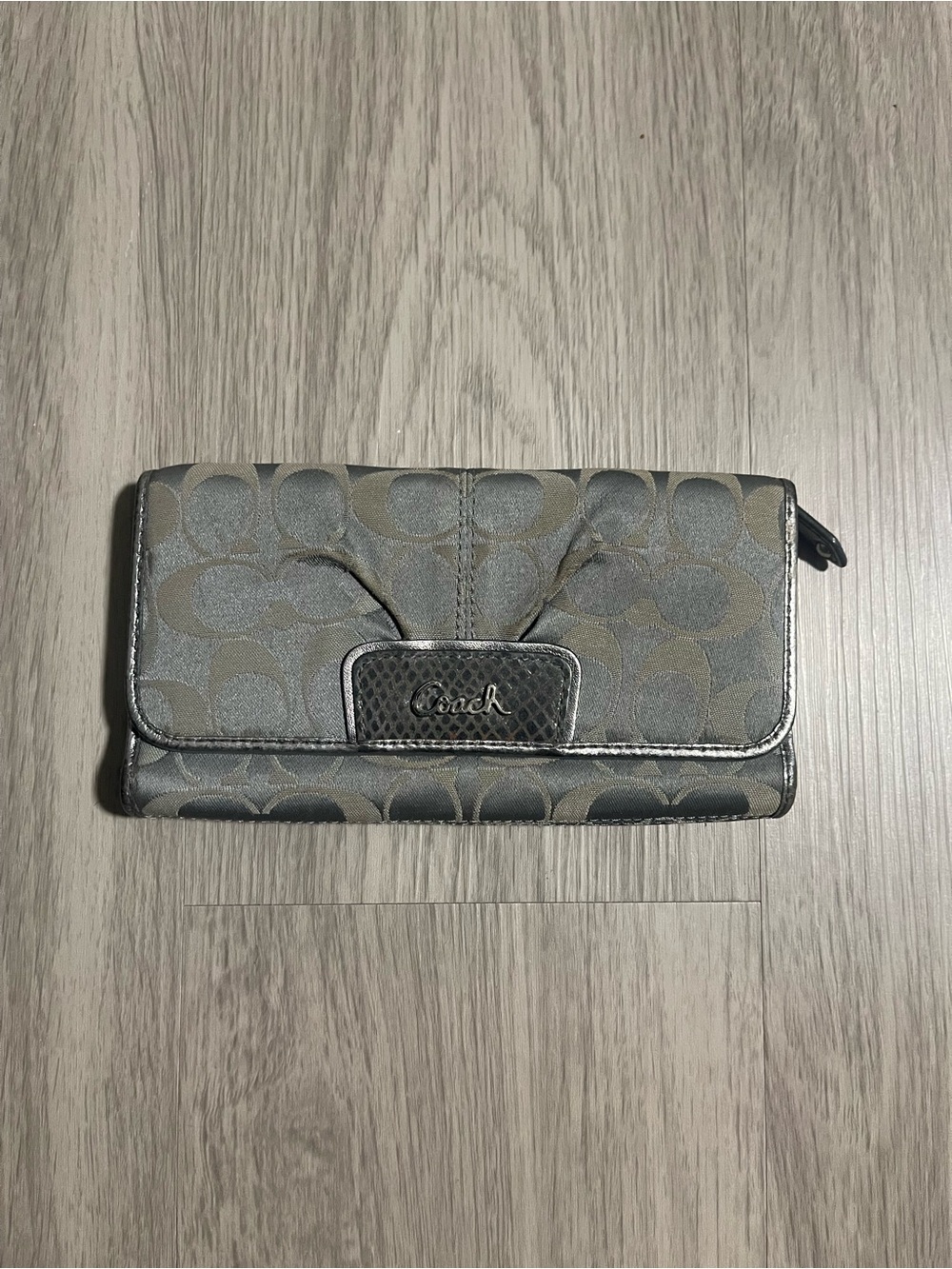 Coach Signature Metallic Gray Trifold Wallet